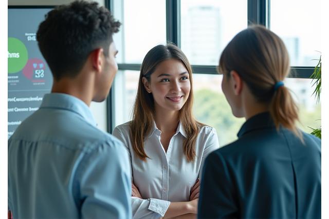 Jóvenes profesionales chilenos colaborando en un entorno de oficina moderno y luminoso, símbolo de claridad y visión financiera.