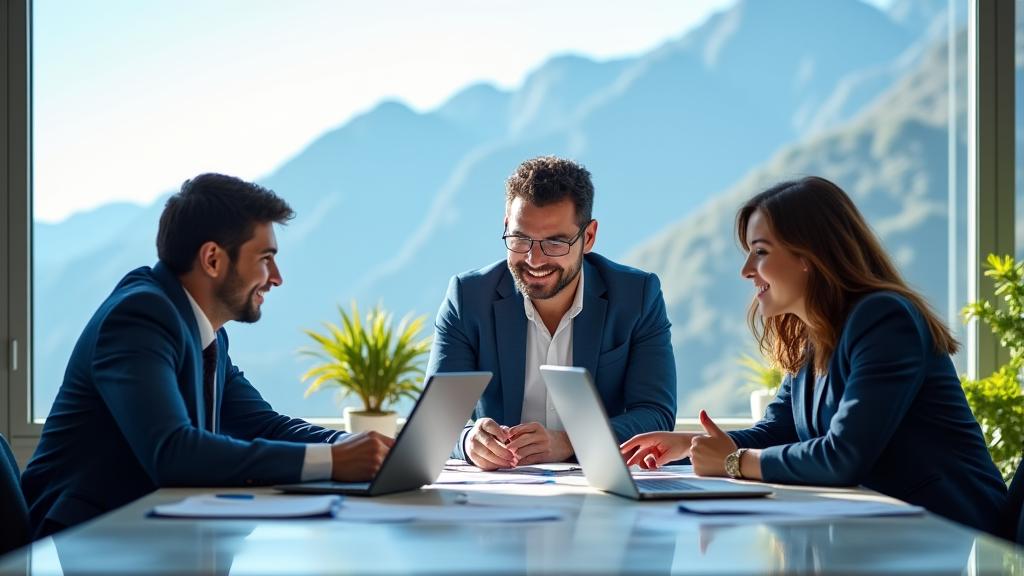 Personas colaborando en una mesa con gráficos financieros y un paisaje chileno de fondo